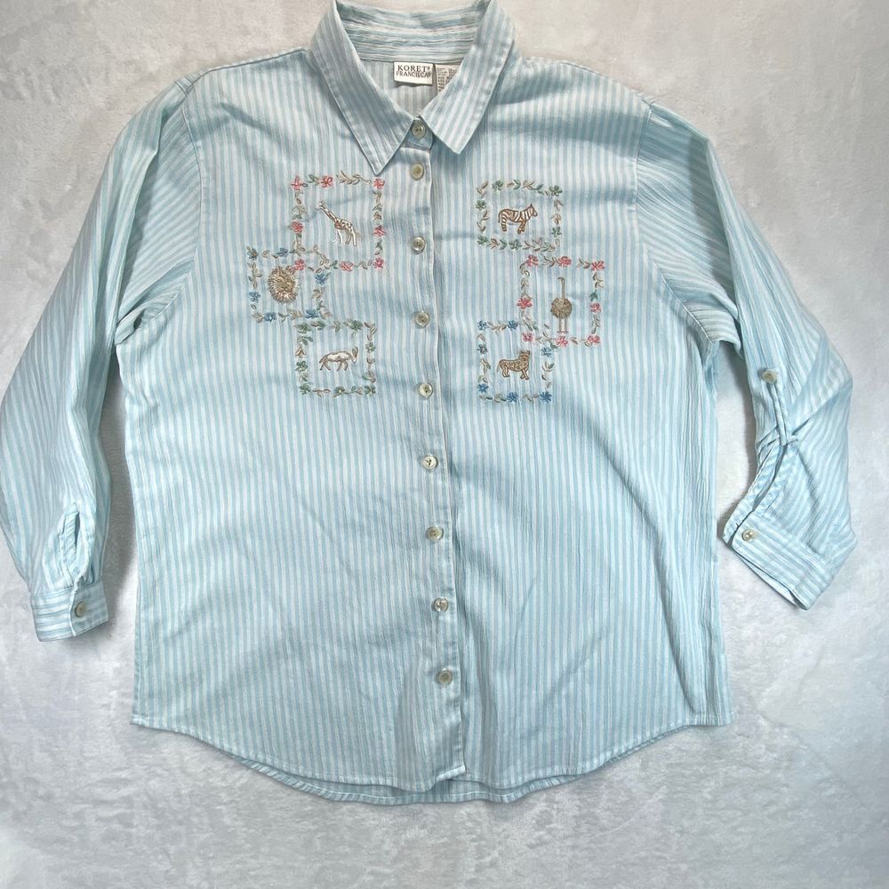 Koret Francisca Safari Animals Embroidered Button up Striped Shirt 16W - flaw